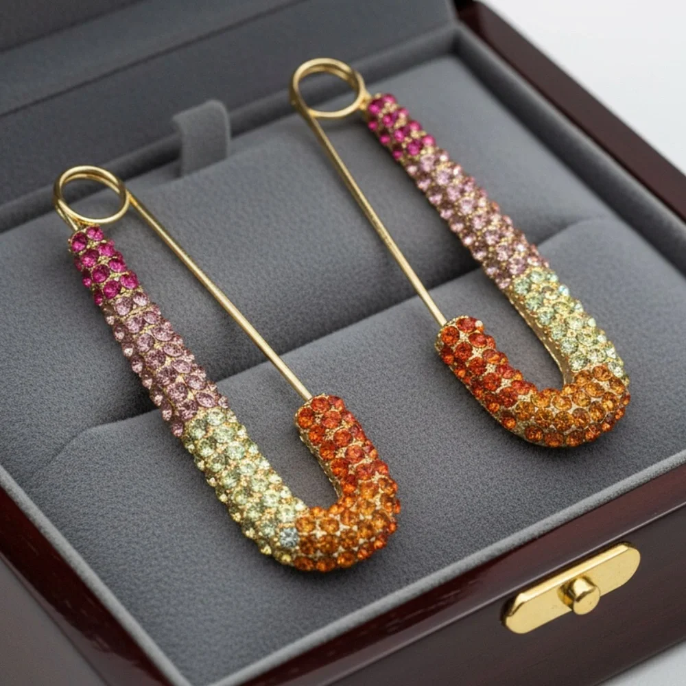 Womens Gold‎ Tone Safety Pine Earrings with Rhinestones